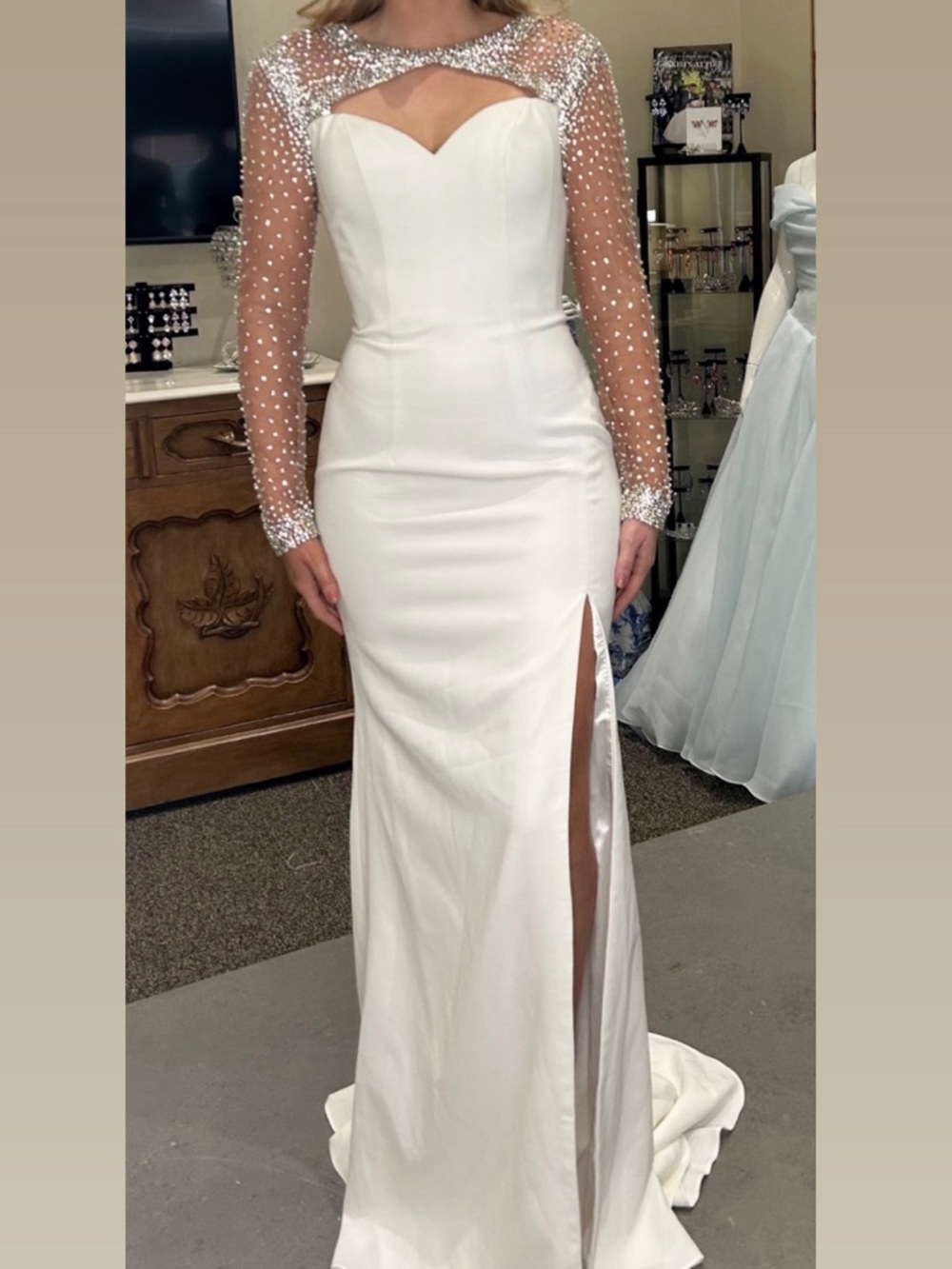 Couture Jovani White Long Sleeve Evening Gown with Beaded Illusion Bodice